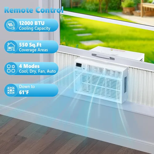 Vista 2 de Aire acondicionado electáctico para ventana, unidad de CA de ventana de 12000 BTU, refrigeración de 550 pies cuadrados, enfriamiento rápido