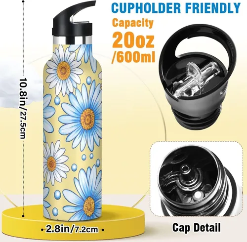 Vista 2 de Trendy Daisy - Botella de agua reutilizable con asa, reutilizable, sin BPA, con asa, para hogar, oficina, viajes, deportes, escuela, 20 onzas, termo