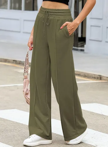 Vista 3 de Aleumdr Pantalones deportivos de cintura alta con cordón y pierna ancha con bolsillos, pantalones de yoga sueltos casuales para mujer
