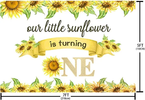 Vista 5 de Telón de fondo de feliz cumpleaños de 7 x 5 pies para bebé, niño y niña, con texto en inglés "Our Little Sunflower is Turning One", fondo blanco
