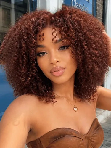 Vista 17 de KLAIYI Bye Bye Slip™ - Pelucas de cabello humano con encaje frontal 7x5, color marrón castaño degradado, rizado, sin pegamento, precortadas de 7 x