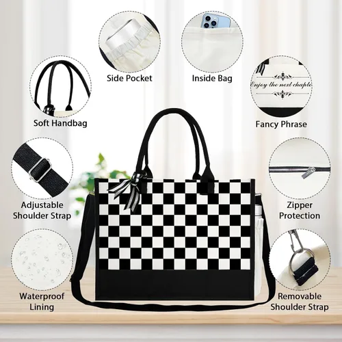 Vista 2 de Phrase Canvas Beach Bag,Zipper and Slide Pockets,Stylish Canvas Bag Shoulder Strap and Bottom Support, Office Handbag