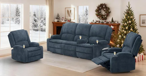 Vista 16 de Sofá reclinable de 3 plazas, sofá reclinable con consola elevable (tela, azul) Reclining Sofa with USB Removable Armrest, RV Sofa with Cup Holder