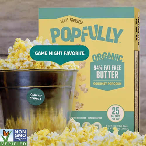Vista 9 de POPFULLY Palomitas 94% libres de grasa totalmente explotadas, bolsas para compartir, sabor a mantequilla ligera, gran explosión, bolsas