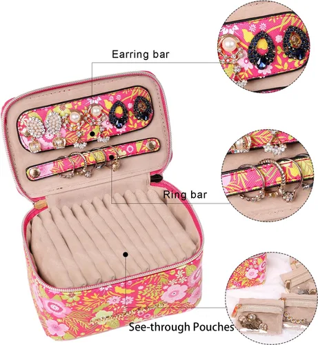 Vista 4 de Angelina's Palace Jewelry Organizer Case Bridesmaid Gifts Travel Bag Vegan Leather Box for Necklace Earring Bracelet Ring(blossom fuschia)
