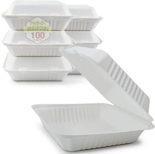 Vista 12 de Green Earth Concha compostable de 6 pulgadas, 100 unidades ecológicas Bagazo natural, cajas para llevar, tapa con bisagras, apta para microondas