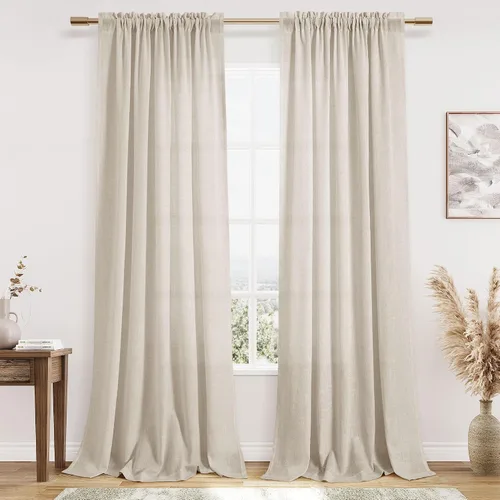 Vista 9 de Cortinas de lino verde aguamarina de 84 pulgadas de largo, juego de 2 paneles semitransparentes con bolsillo para barra para comedor, decoración