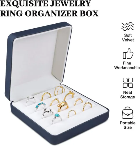 Vista 4 de Caja organizadora de anillos de joyería, pequeña caja de joyería de viaje, estuche portátil de almacenamiento de anillos, caja de soporte de bandeja