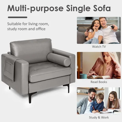 Vista 9 de Giantex Sofá individual, silla decorativa, sillón con cojín cómodo, bolsillos para revistas, sala de estar, silla de ocio tapizada para dormitorio
