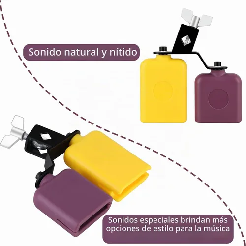 Vista 6 de RANMING - Bloque de plástico para atascos, doble campana de sambago, escenario y banda, amarillo-morado Juego de percusión de cencerro latino