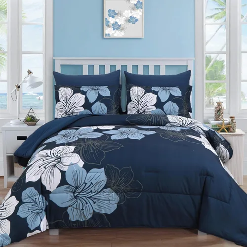 Vista 12 de Luxudecor Juego de edredón floral tamaño individual, 6 piezas de cama en una bolsa, edredón floral azul y juego de sábanas, juego de ropa de cama