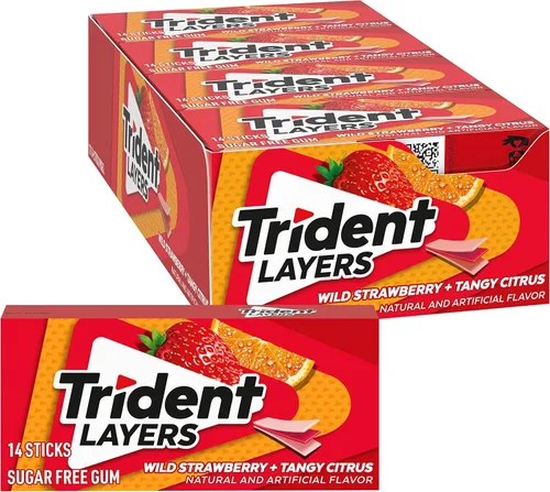 Vista 23 de 12 paquetes de 14 unidades cada uno; es decir, en total son 168 unidades de goma de mascar Trident Bubblegum sin azúcar sabor chicle. Accesorios
