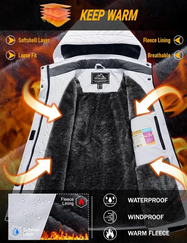 Vista 2 de MAGCOMSEN Chaqueta de esquí para mujer, impermeable, aislada, chaqueta de nieve cálida y resistente al viento, con capucha y forro polar