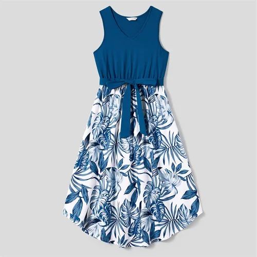 Vista 2 de PATPAT Conjunto de vestidos a juego para la familia, para la playa, para mamá y yo, con estampado floral tropical, vestido largo y camisas
