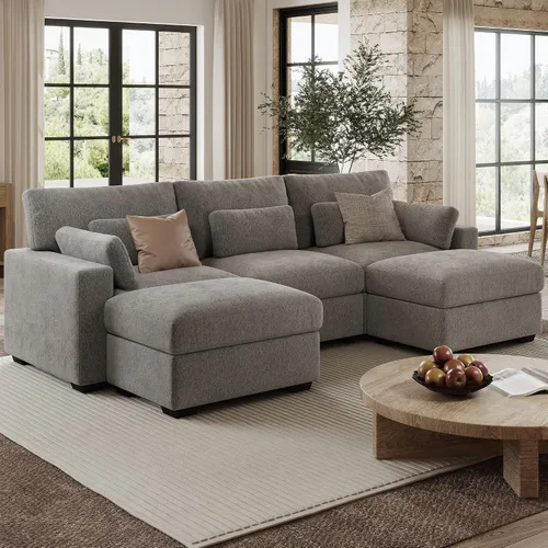 Vista 14 de Sofá modular de 146.5 pulgadas, sofás extra profundos en forma de U para sala de estar, sofá de felpilla de 4 asientos con patas de madera, otomana