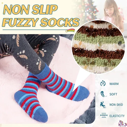 Vista 3 de Eyean Calcetines peludos para niños, antideslizantes, suaves y esponjosos, calcetines cálidos de felpa acogedora para niños y niñas, 6 pares