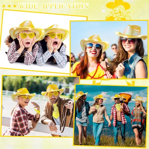 Vista 5 de Unittype Paquete de 18 sombreros de vaquero, sombrero de vaquera para novia, sombrero LED de vaquero espacial con 6 gafas, 6 bandana para mujer