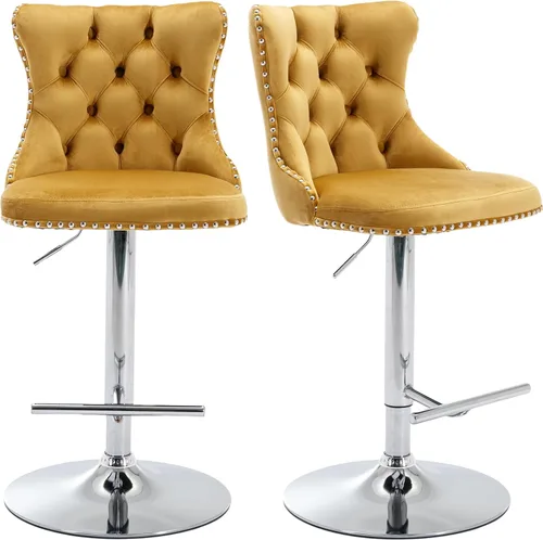 Vista 51 de Juego de 2 taburetes de bar modernos de terciopelo para mostrador, taburetes de bar giratorios ajustables con respaldo, sillas de isla de cocina