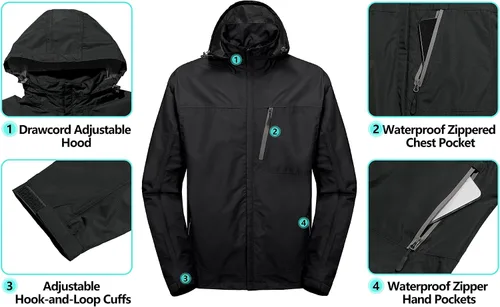 Vista 4 de Little Donkey Andy Chaqueta impermeable para hombre impermeable ligera con capucha para senderismo golf viajes pesca
