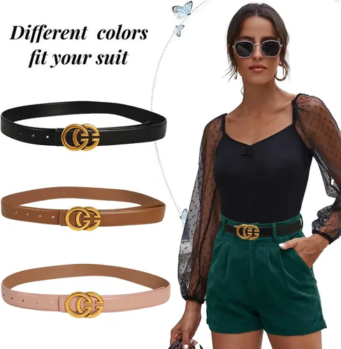Vista 131 de Cinturón de cuero clásico con hebilla de metal para mujer con vestido de jeans