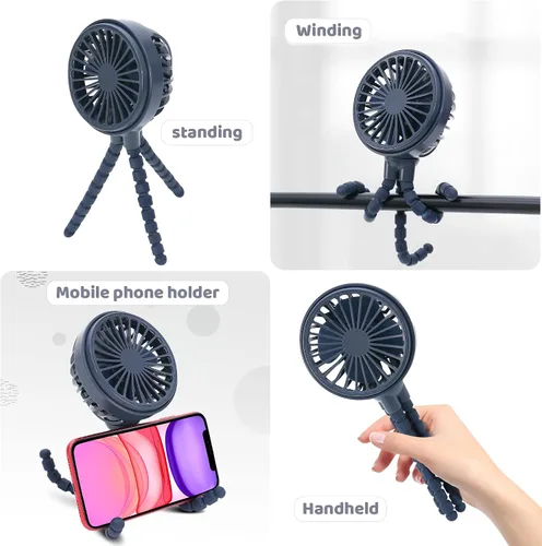 Vista 2 de LAT Ventilador de cochecito flexible con clip para trípode, ventilador portátil para asiento de coche con trípode flexible (azul marino)