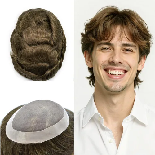 Vista 72 de Mens Toupee Hair Piece Real Human Hair Fine Mono Toupee para hombres Sistema de reemplazo de cabello para hombre Postizo Protesis Capilar Para
