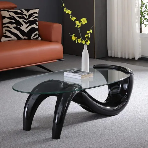 Vista 6 de LITFAD Mesa de cóctel moderna con tapa de vidrio, ovalada, contemporánea, mesa de centro creativa de sirena para sala de estar, mesa de té moderna