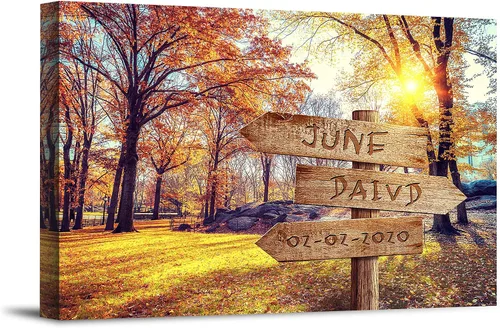 Vista 20 de Bosque Otoñal Foto o Impresiones en Lienzo Personalizadas Únicas con Nombres de la Pareja y Fecha Especial en Letrero, Regalo Perfecto