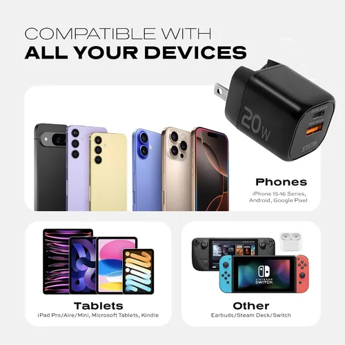 Vista 8 de STATIK Adaptador de corriente GaN de carga rápida - 20 W Dual USB C y USB - Cargador compacto plegable para iPhone, iPad, Samsung, Pixel