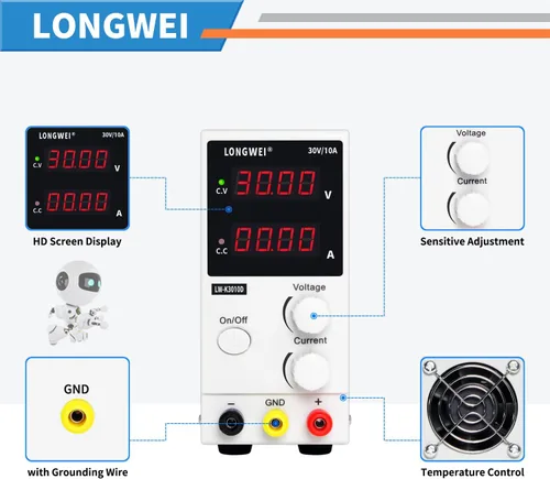 Vista 2 de LONGWEI Fuente de alimentación CC variable 30V 10A, pantalla LED 4-digital, fuente de alimentación de conmutación regulada ajustable de precisión