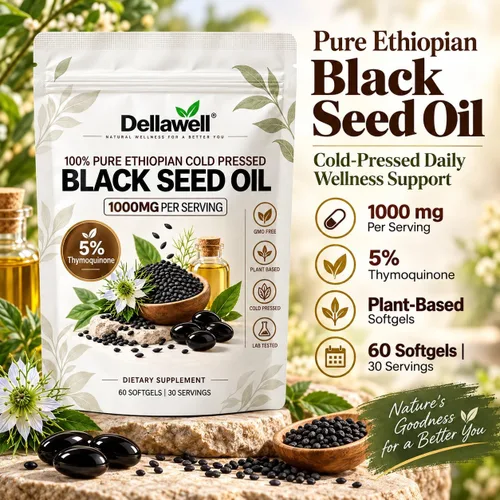 Vista 2 de Dellawell - Cápsulas blandas de aceite de semilla negra etíope, 1000 mg por porción, 5% timoquinona, suplemento de semillas negras prensadas