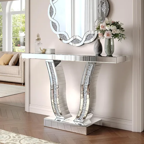 Vista 13 de Mesa de sofá con consola de espejo con acabado plateado, mesa de entrada con espejo para sala de estar, dormitorio, entrada, pasillo