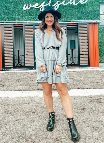 Vista 4 de BTFBM - Vestido casual de otoño para mujer con cuello en v lazo manga larga cintura alta con volantes con puntos y niveles acampanado