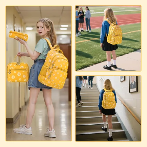 Vista 41 de goldwheat Mochilas impresas margaritas con paquete de almuerzo, estuche de lápices 3pcs, bolsa ligera resistente al agua para la escuela secundaria