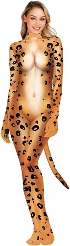 Vista 16 de Disfraz de animal para hombre con estampado de cola grande, overol peludo de elastano para cosplay, fiesta de Halloween