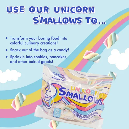 Vista 3 de ChocZero Unicorn Candy Marshmallow Twists, malvaviscos arcoíris sin azúcar, apto para dieta cetogénica, sin gluten, bolsa de 10.5 onzas