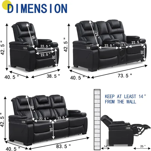 Vista 2 de THSUPER Juego de sofás reclinables de cuero transpirable con potencia con luz LED, asientos reclinables de cine en casa con reposacabezas