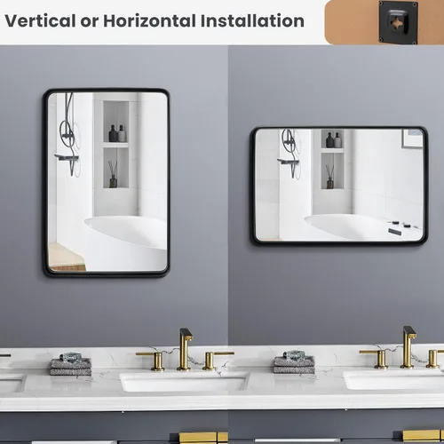 Vista 4 de Tangkula Espejo de baño de 36 x 24 pulgadas para pared, espejo moderno rectangular con marco de acero sólido y esquinas redondeadas, espejo