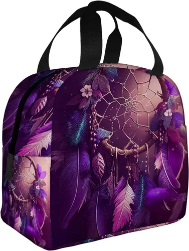 Vista 9 de OOZ Bolsa de almuerzo aislada para mujeres y hombres, atrapasueños con estrellas moradas, reutilizable, a prueba de fugas, linda lonchera