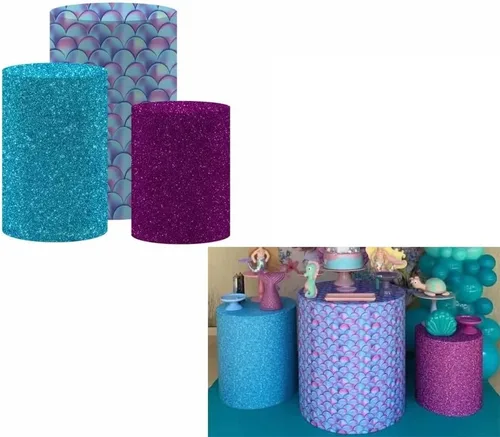 Vista 2 de Cubiertas de pedestal con temática de sirena bajo el agua, cubiertas de pedestal bajo el mar con purpurina azul para baby shower, niñas, decoración