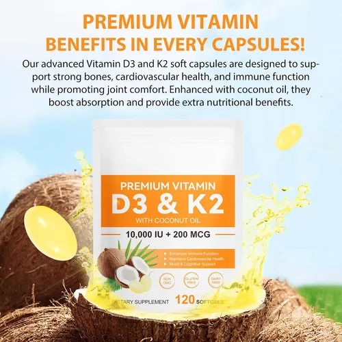 Vista 6 de flasture Suplemento de Vitamina D3 K2 en Cápsulas Blandas, 10000 UI de VIT D3 + 200 MCG de K2 (MK-7) Fórmula 2-en-1 para Reposición con Aceite