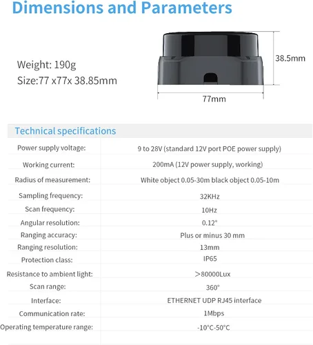 Vista 2 de Slamtec RPLIDAR S2E Lidar Sensor 2D 360 grados 98.4 ft de radio de escaneo LIDAR Escáner con interfaz Ethernet UDP para ROS/ROS2 Evitar obstáculos