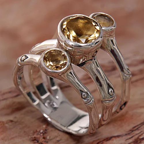Vista 2 de NOVICA Rocío de bambú hecho a mano anillo multipiedra de plata de ley citrina anillos de citrino de 2 quilates para mujer anillo de lapislázuli