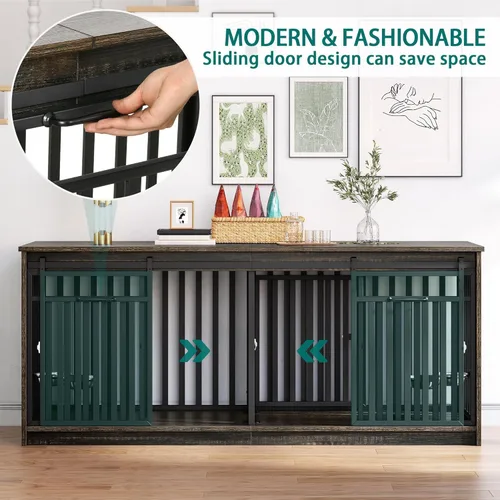 Vista 7 de DWVO Mueble doble para perros de 71 pulgadas para 2 perros medianos, soporte de TV de madera resistente con puertas correderas, mesa decorativa
