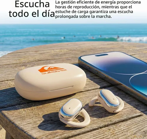 Vista 4 de Quiksilver Auriculares inalámbricos de oreja abierta, auriculares Bluetooth 5.4 con pantalla digital inteligente y gancho ergonómico de ajuste Beige