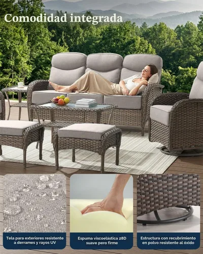 Vista 4 de Sofá de lujo para patio, sofá de mimbre para exteriores con cojines sonrientes de 6 pulgadas, respaldo alto, resistente, cómodo, mimbre marrón