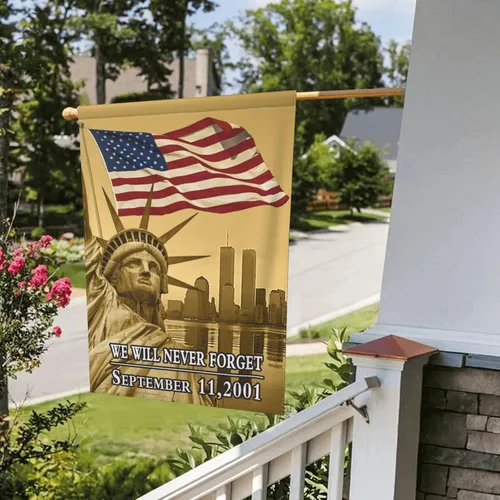 Vista 5 de Bandera de jardín con texto en inglés "We Will Never Forget 9-11" de 12.5 x 18 pulgadas, de doble cara, duradera, resistente a la decoloración