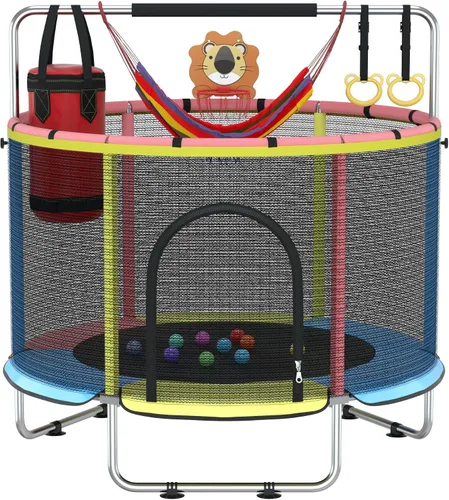 Vista 9 de Cama elástica para niños con malla de encierro, cama elástica mini para interiores y exteriores con barra de gimnasia ajustable, aro de baloncesto