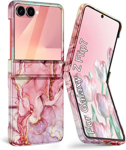 Vista 11 de Btscase Funda para Samsung Galaxy Z Flip 6, protector de pantalla frontal integrado, patrón de mármol dorado con purpurina de policarbonato duro