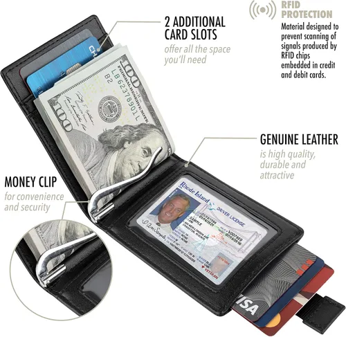 Vista 3 de Billeteras de piel de vaca genuina con bloqueo RFID y bolsillo frontal minimalista para hombres con clip para dinero Negro Cartera delgada Rfid
